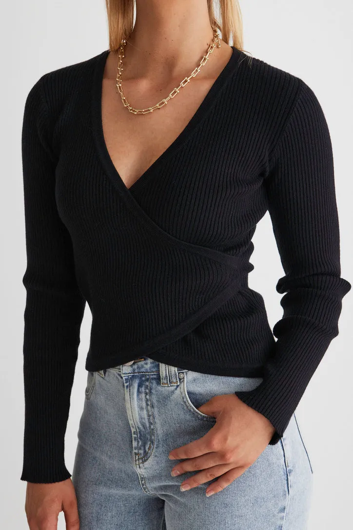 Criss-Cross Black Wrap Rib Knit Top