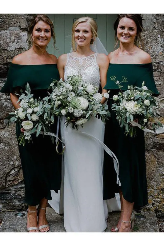 Dark Green Ankle Length Off Shoulder Bridesmaid Dress