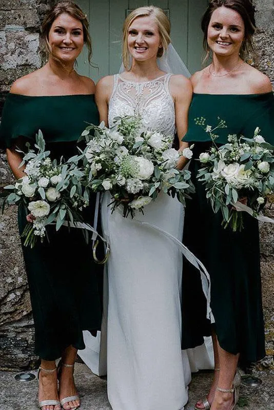 Dark Green Ankle Length Off Shoulder Bridesmaid Dress