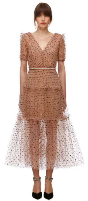 Elegant Polka Dot Mesh Midi Dress with Sheer Sleeves