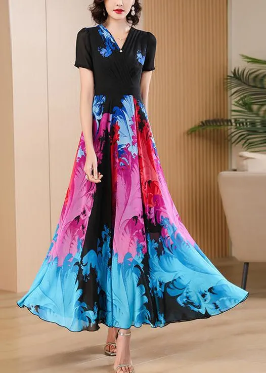 Elegant Black V Neck Print High Waist Chiffon Maxi Dresses Summer AS1085