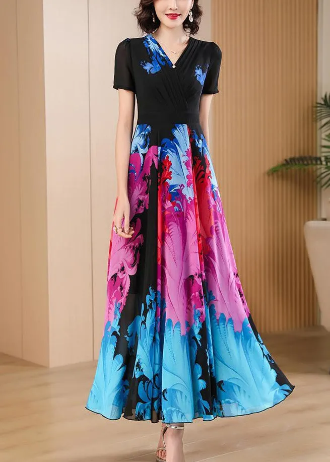 Elegant Black V Neck Print High Waist Chiffon Maxi Dresses Summer AS1085