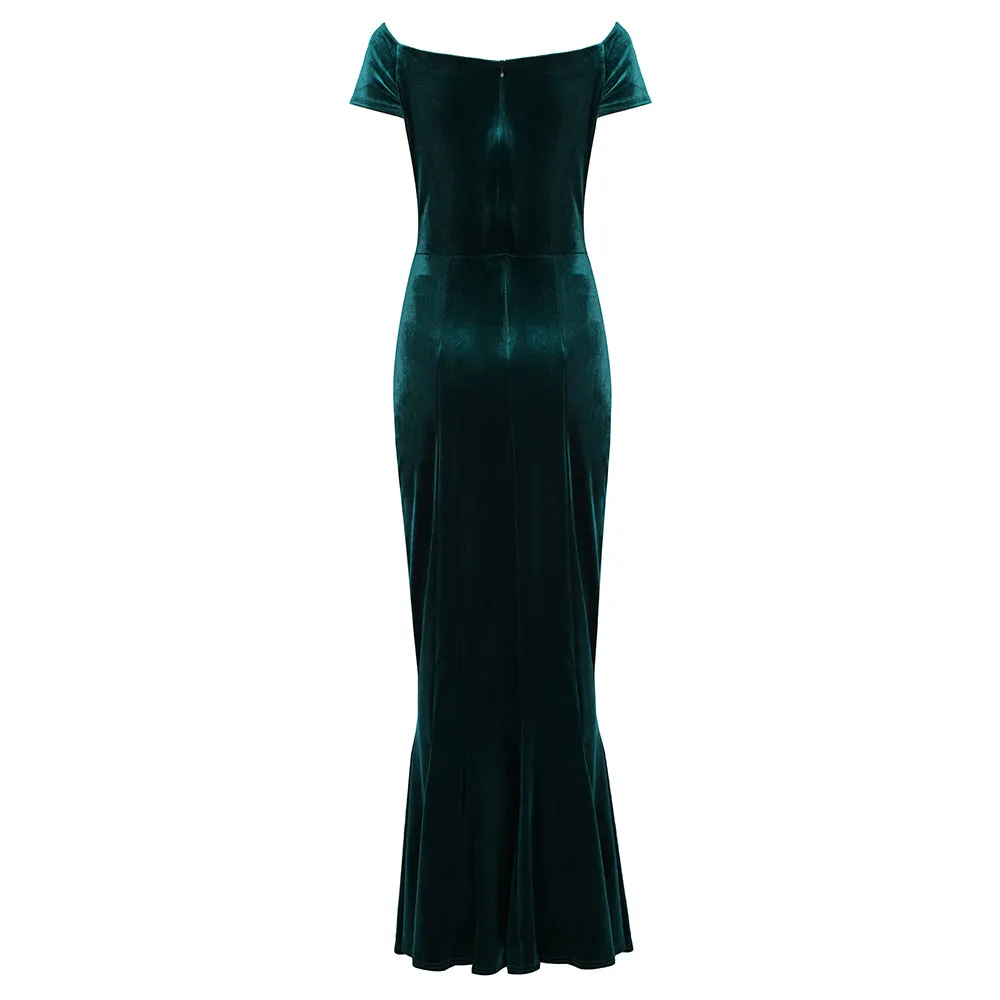 Emerald Green Cap Sleeve Twist Bust Fishtail Hem Velour Maxi Dress