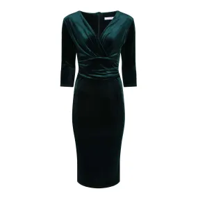 Emerald Green Velour Deep V 3/4 Sleeve Bodycon Ruched Waist Wiggle Dress