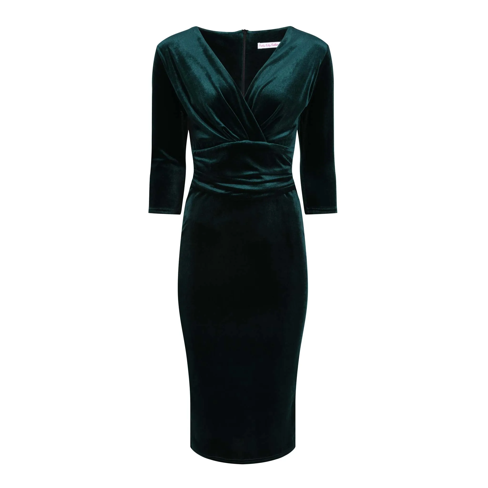 Emerald Green Velour Deep V 3/4 Sleeve Bodycon Ruched Waist Wiggle Dress