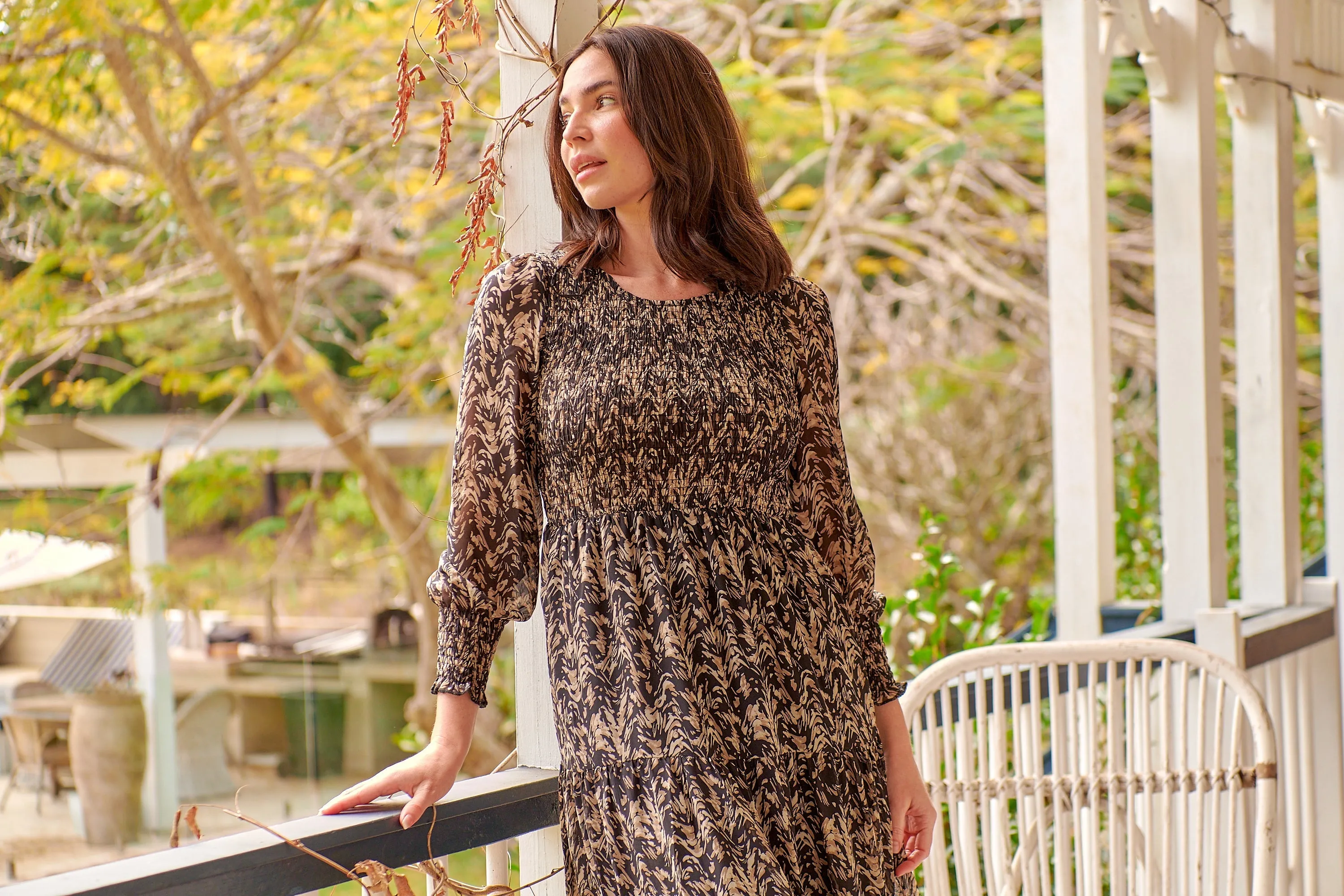 Evelyn Black/Brown Print Chiffon Shirred Long Sleeve Midi Dress