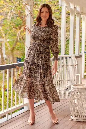 Evelyn Black/Brown Print Chiffon Shirred Long Sleeve Midi Dress