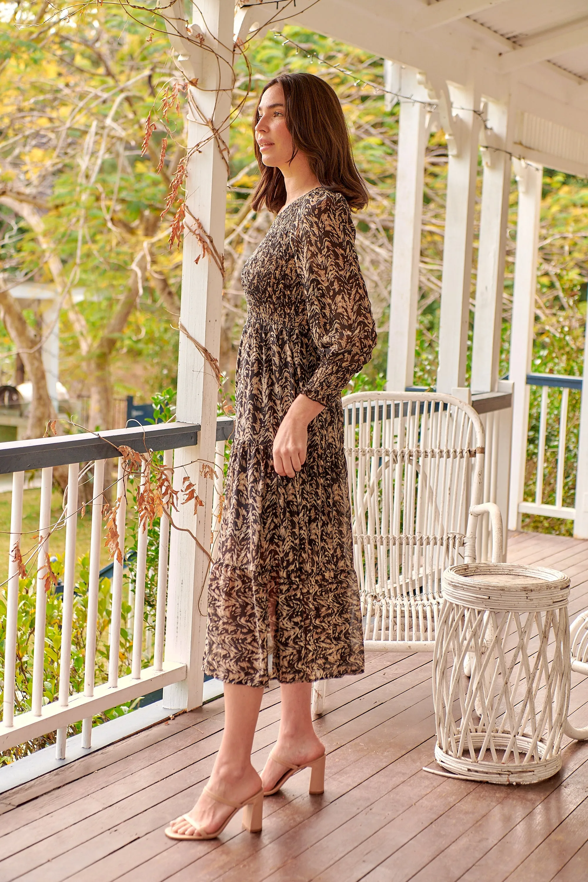 Evelyn Black/Brown Print Chiffon Shirred Long Sleeve Midi Dress