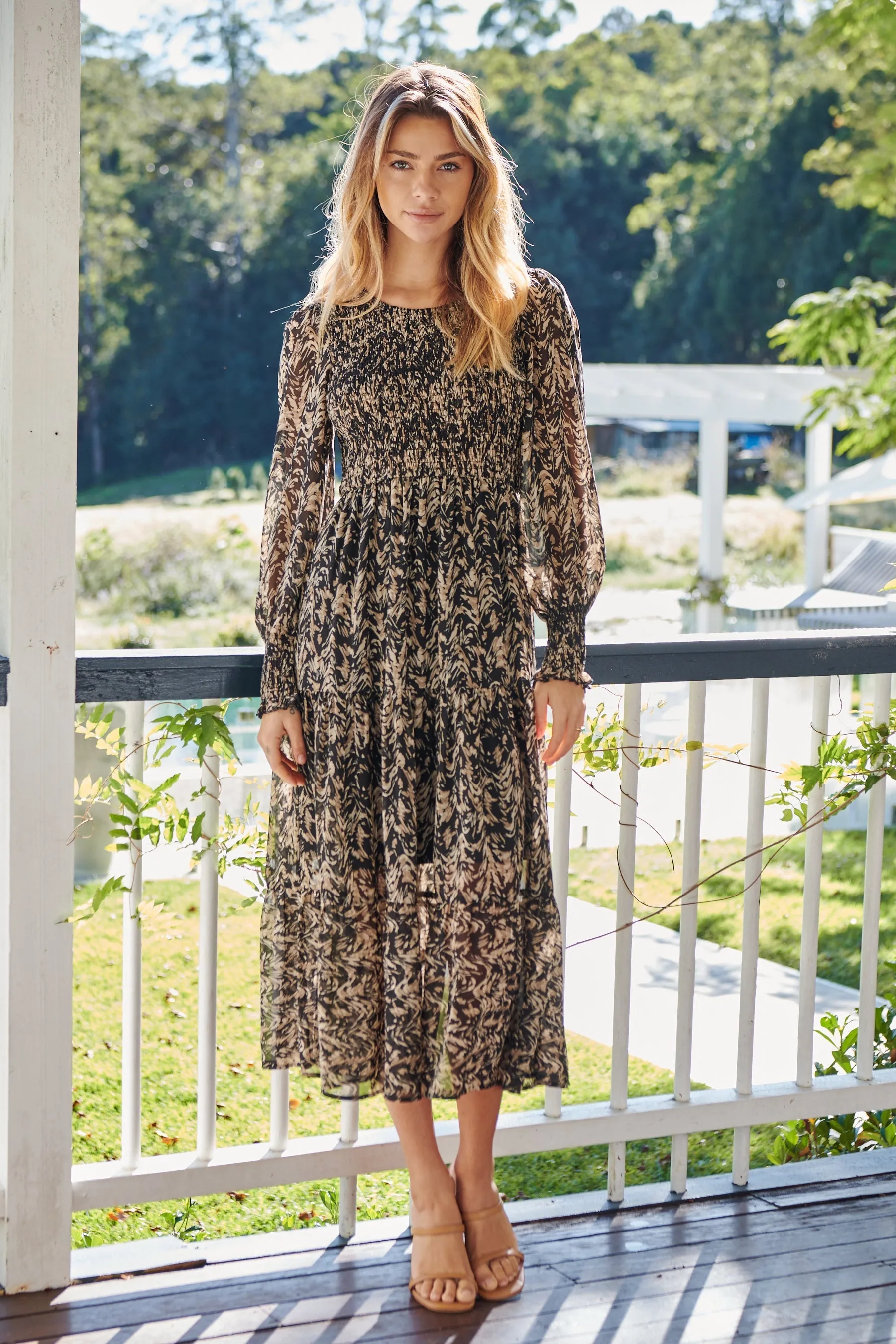 Evelyn Black/Brown Print Chiffon Shirred Long Sleeve Midi Dress