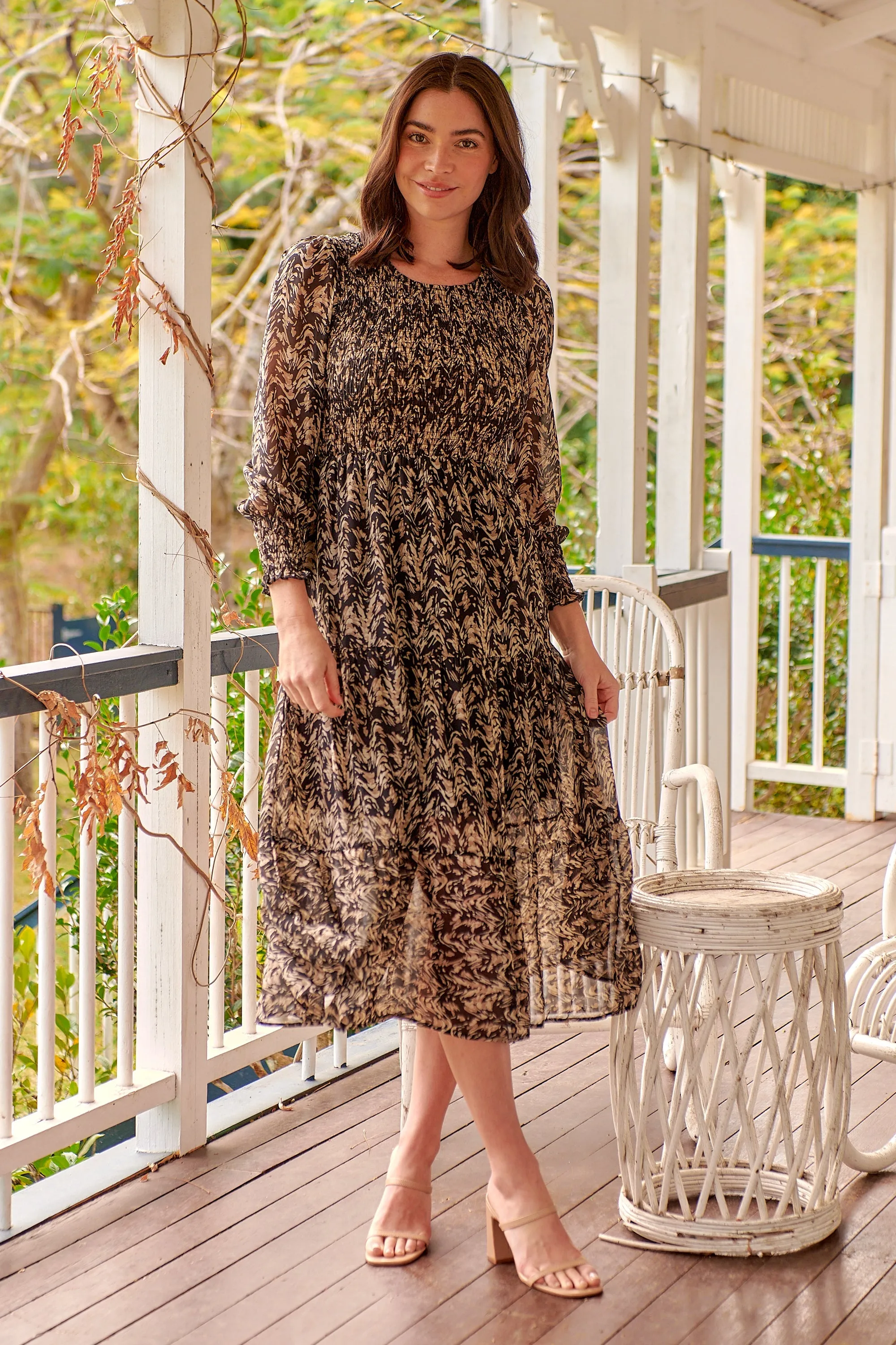 Evelyn Black/Brown Print Chiffon Shirred Long Sleeve Midi Dress