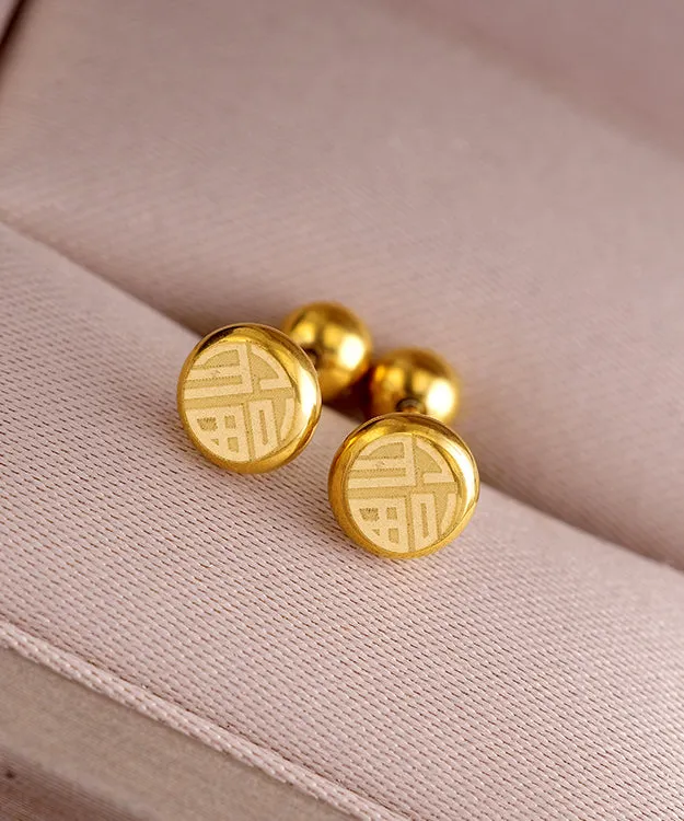 Fine Gold Stainless Steel Fu Character Stud Earrings GH1051