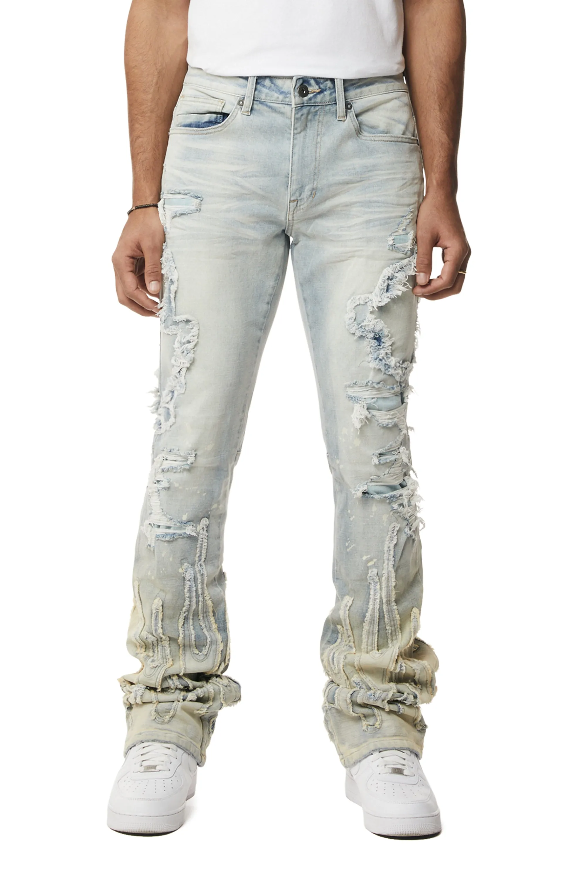 Flame Applique Heavy R&R Stacked Denim Jeans - Ombre Blue