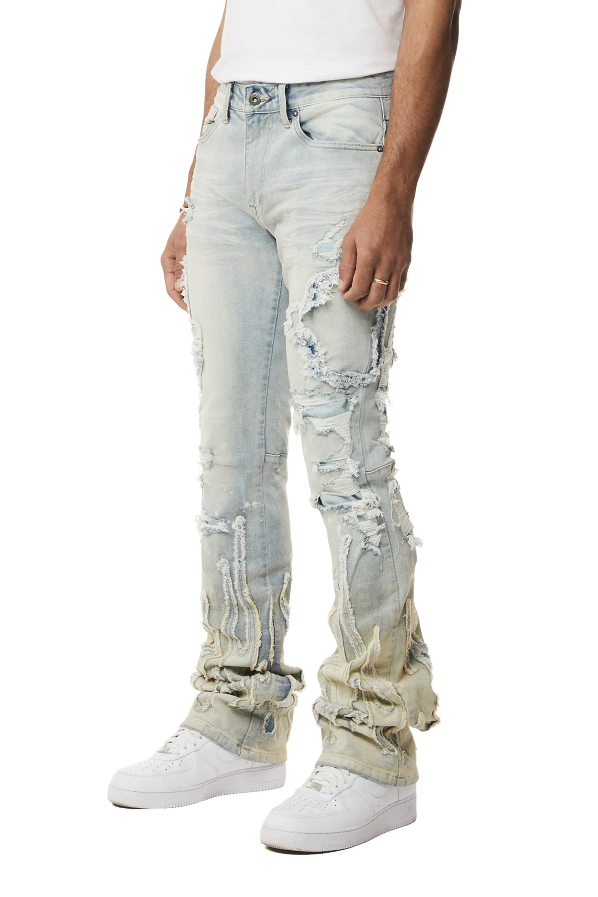 Flame Applique Heavy R&R Stacked Denim Jeans - Ombre Blue