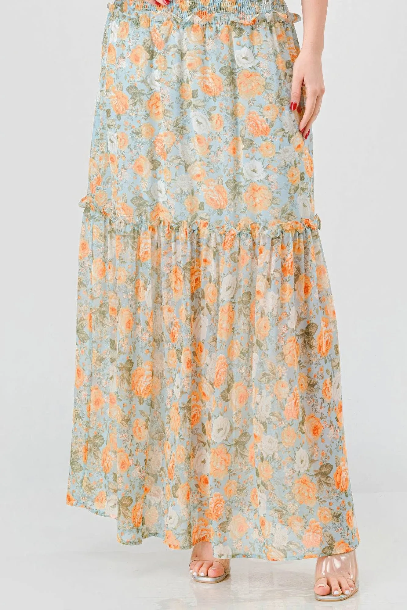 Floral Chiffon Off Shoulder Smocked Back Ruffled Tiered Maxi Dress