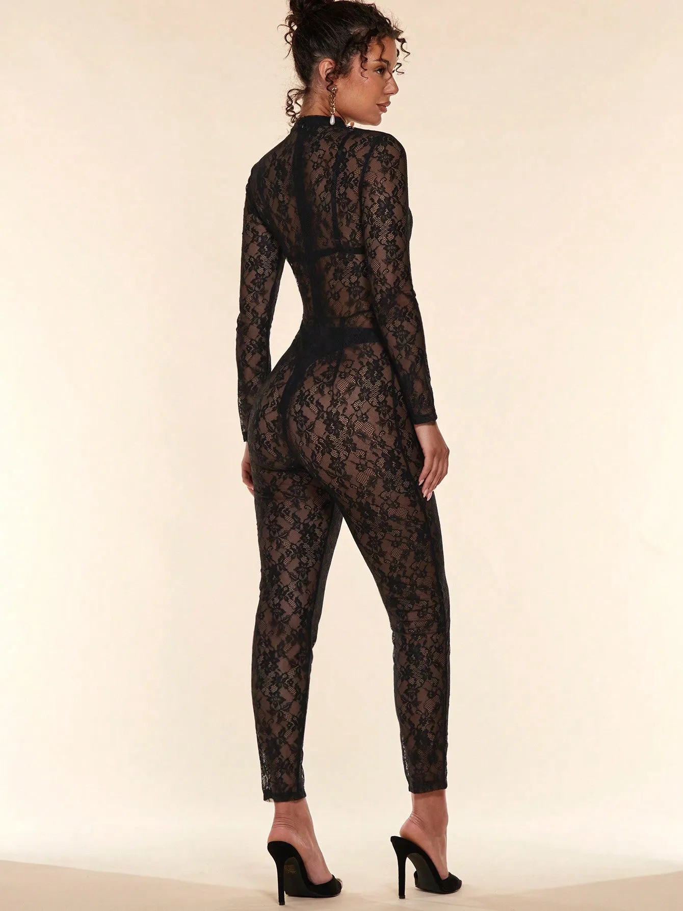 Floral Lace Mock Neck Jumpsuit Without Bodysuit