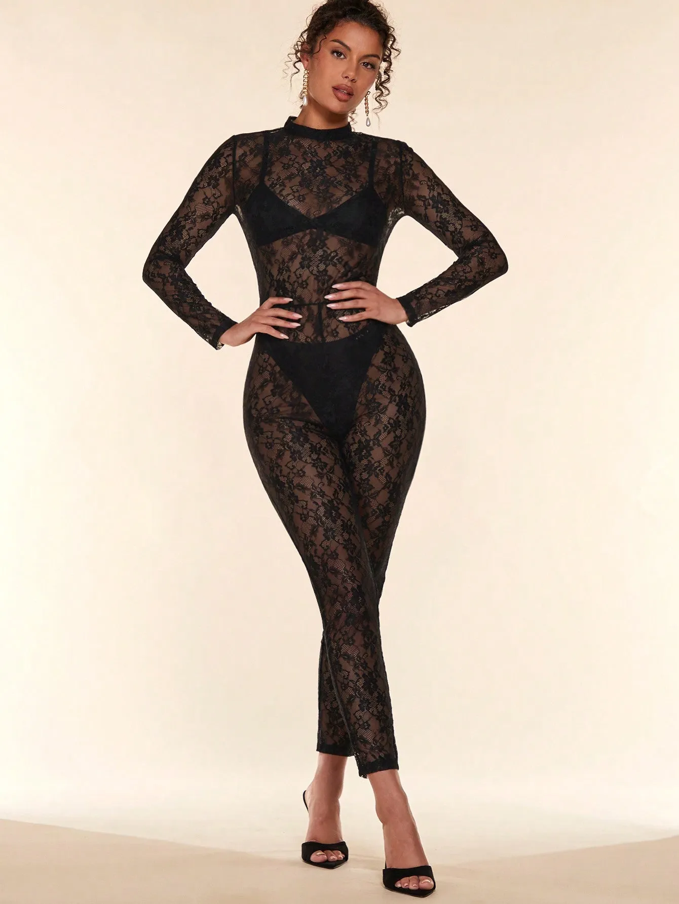 Floral Lace Mock Neck Jumpsuit Without Bodysuit