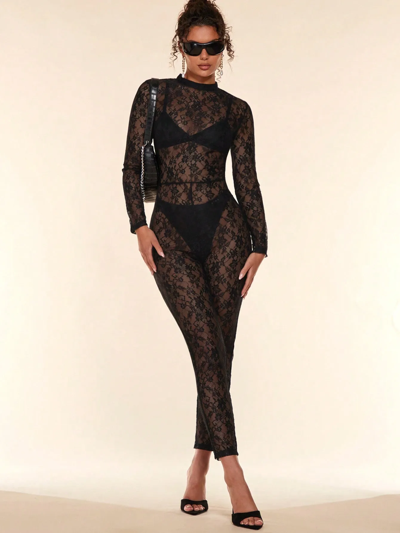 Floral Lace Mock Neck Jumpsuit Without Bodysuit