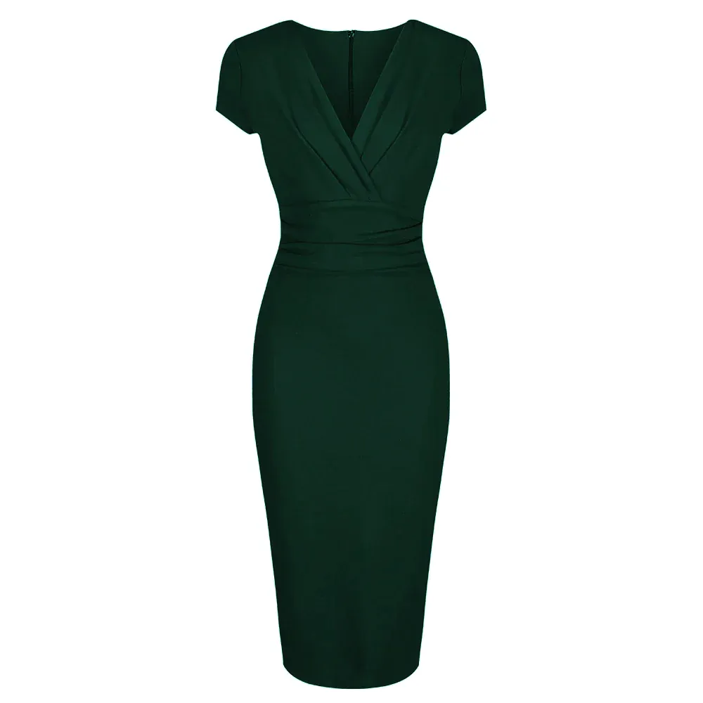 Forest Green Deep V Cap Sleeve Bodycon Ruched Waist Wiggle Dress