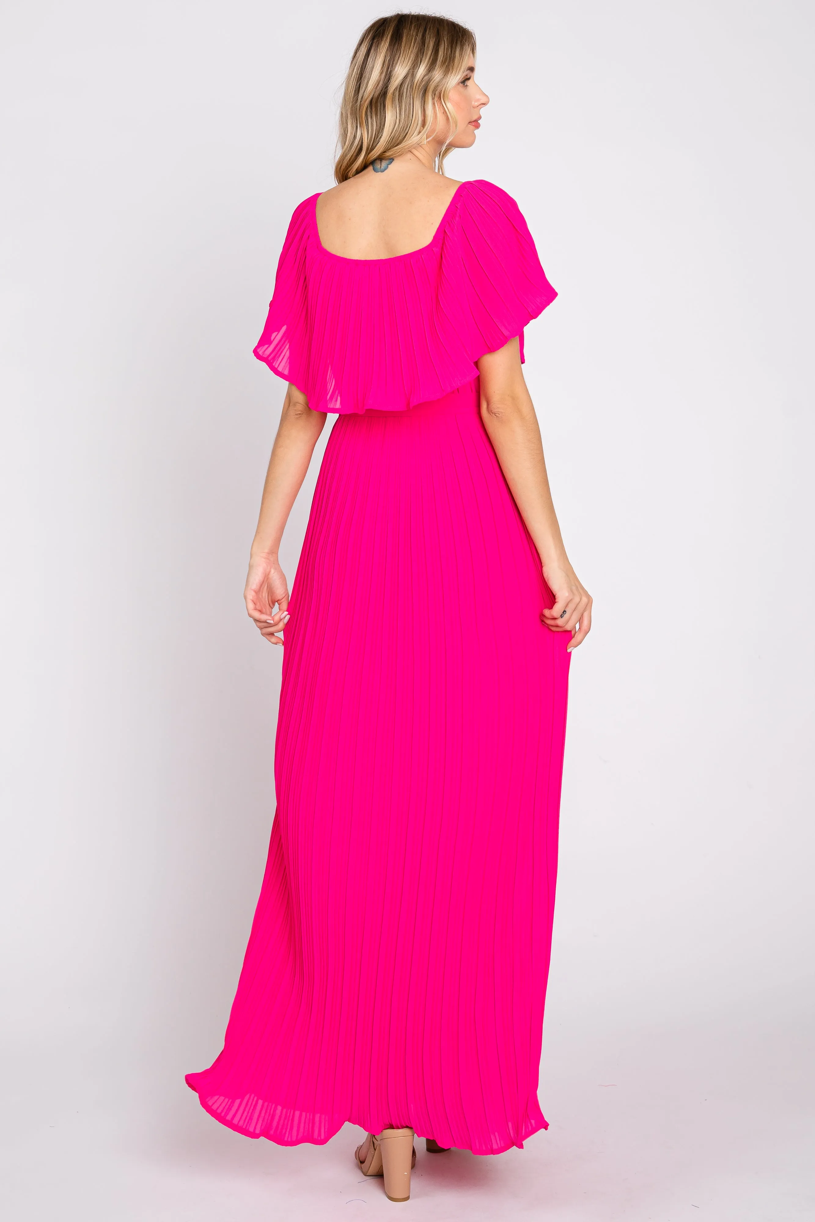 Fuchsia Pleated Off Shoulder Maxi Dress