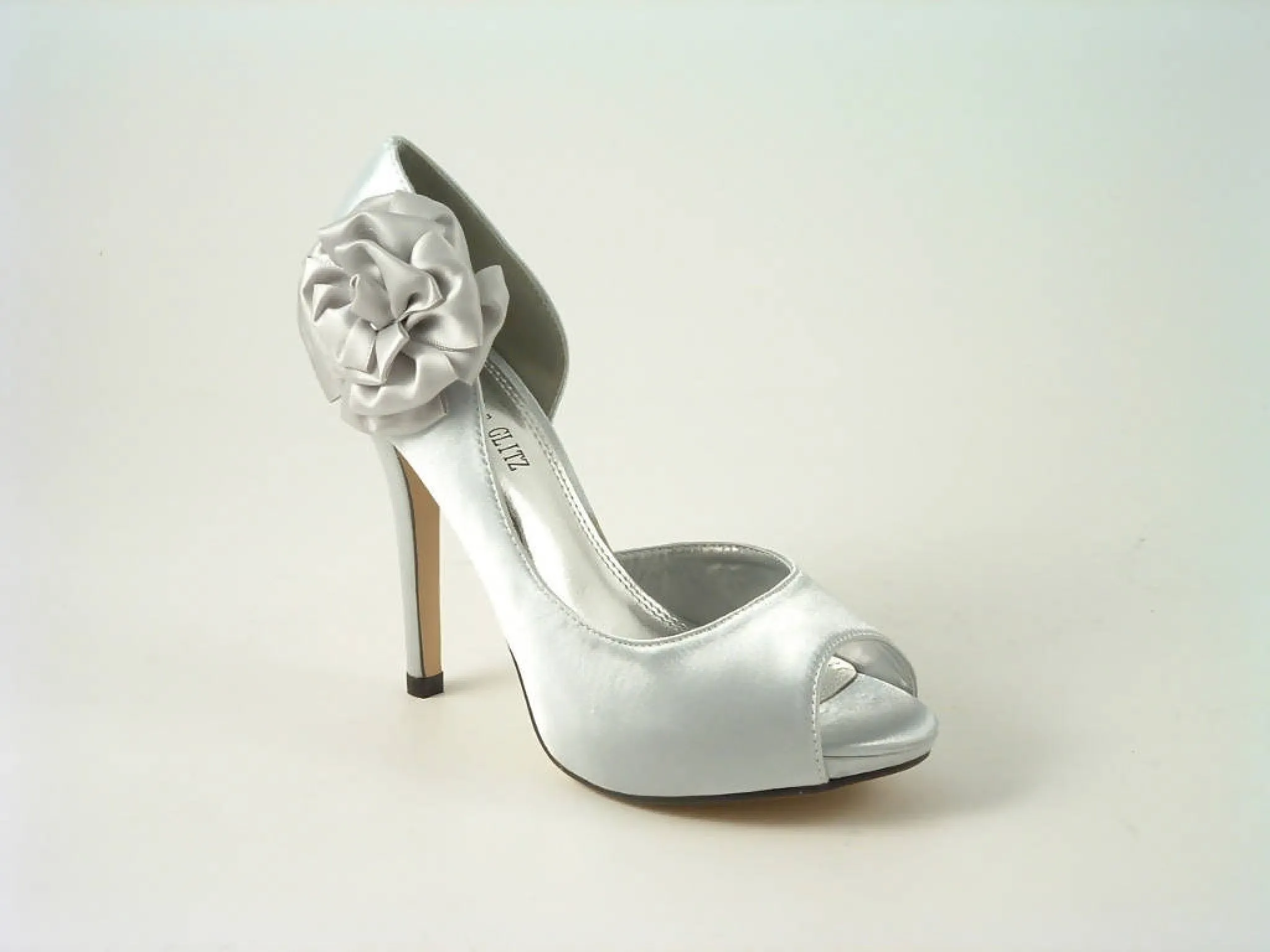 Glitz Shoes Satin Flowered Peep Toe High Heel Court Shoe