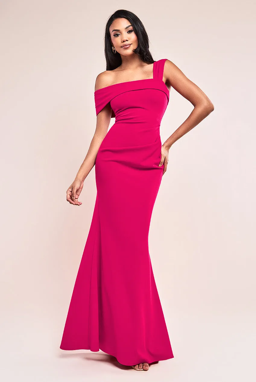 Goddiva Off The Shoulder Pleated Waist Maxi Dress