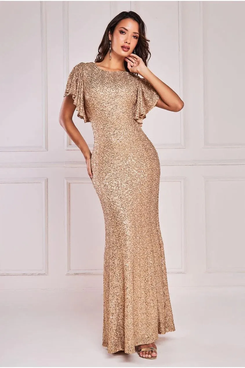 Goddiva Sequin Flutter Sleeve Maxi Dress