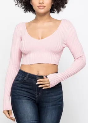 Hera Collection Long Sleeve V-Neck Off Shoulder Crop Top (Blush) 21915