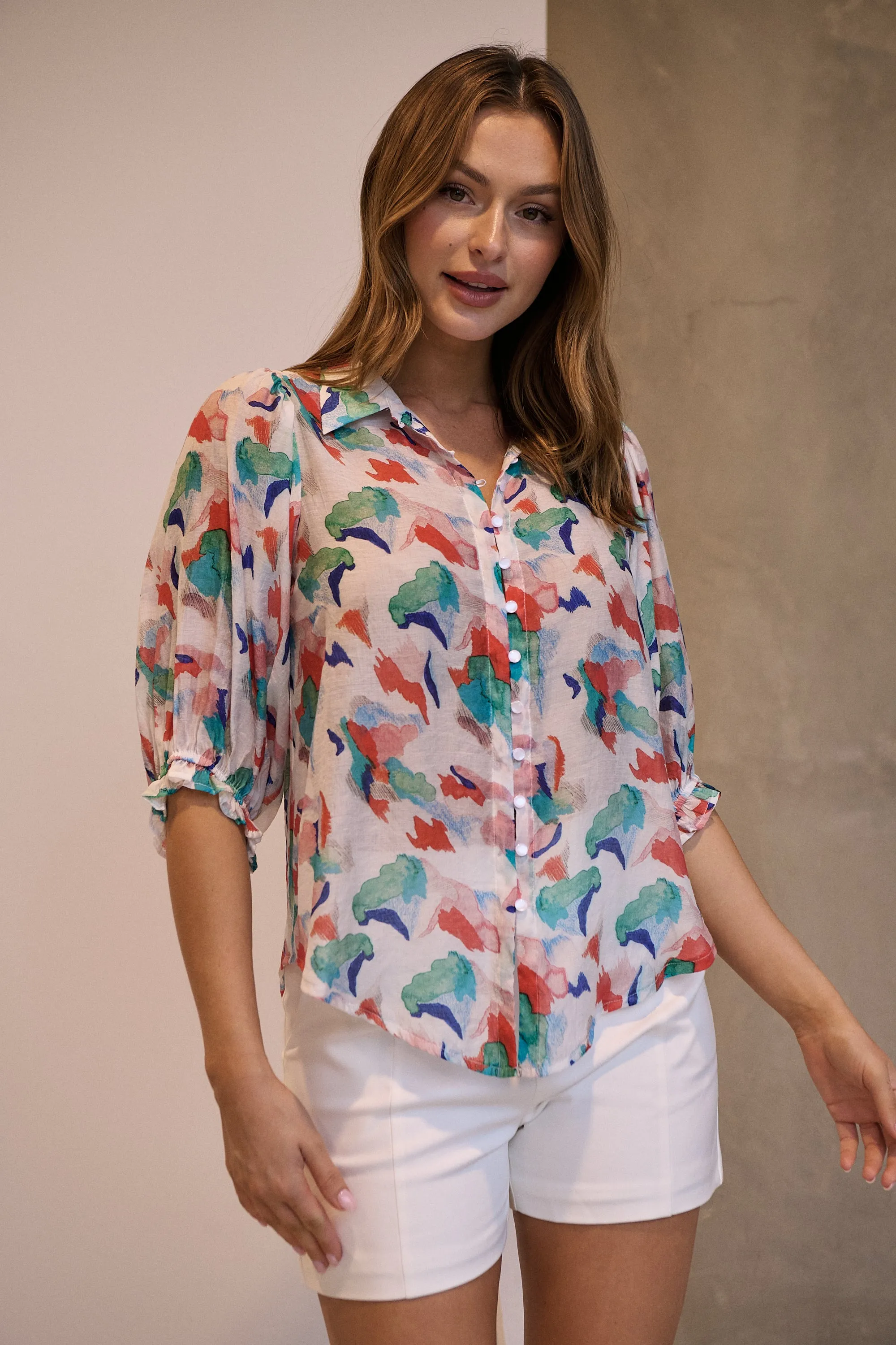 Inaya Chiffon White/Red/Blue Button Up Print Blouse