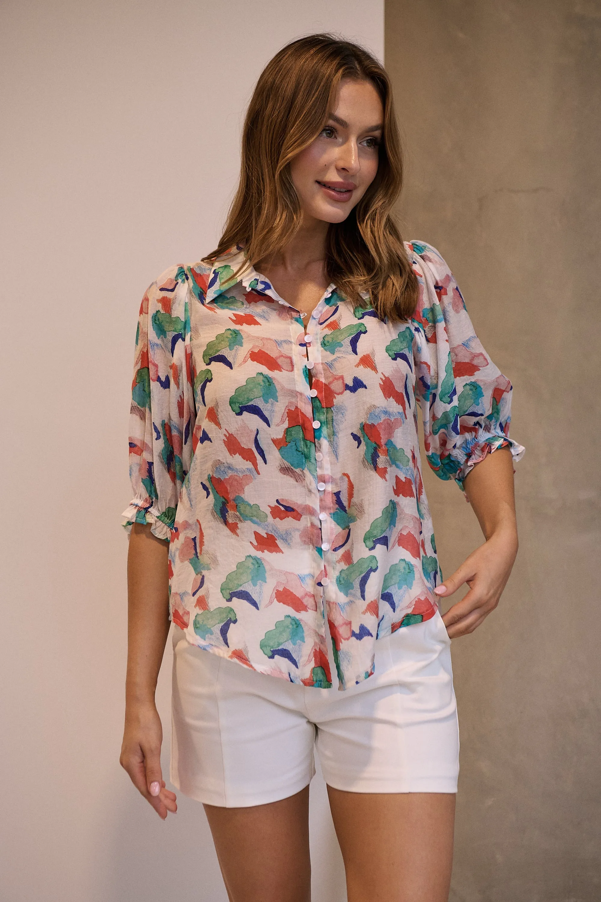 Inaya Chiffon White/Red/Blue Button Up Print Blouse