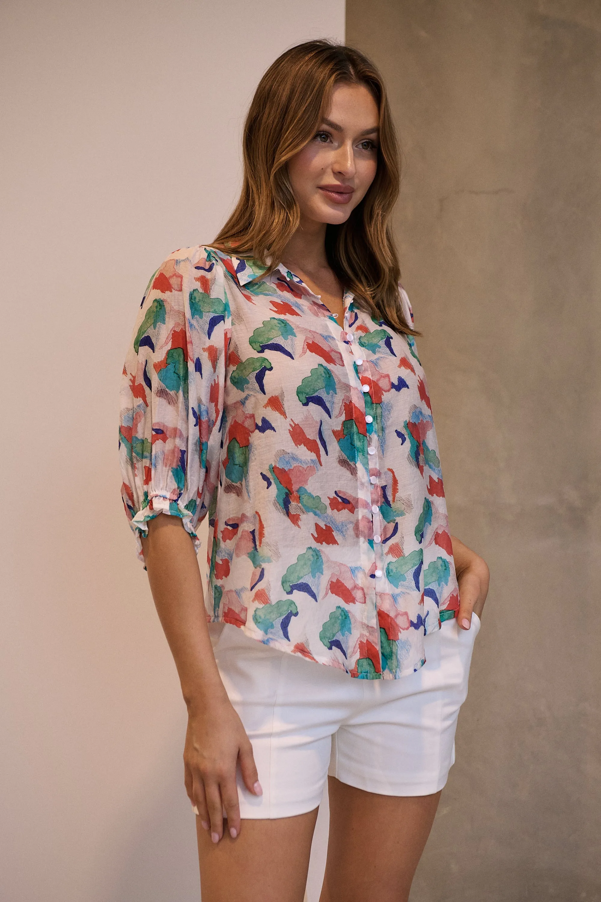 Inaya Chiffon White/Red/Blue Button Up Print Blouse