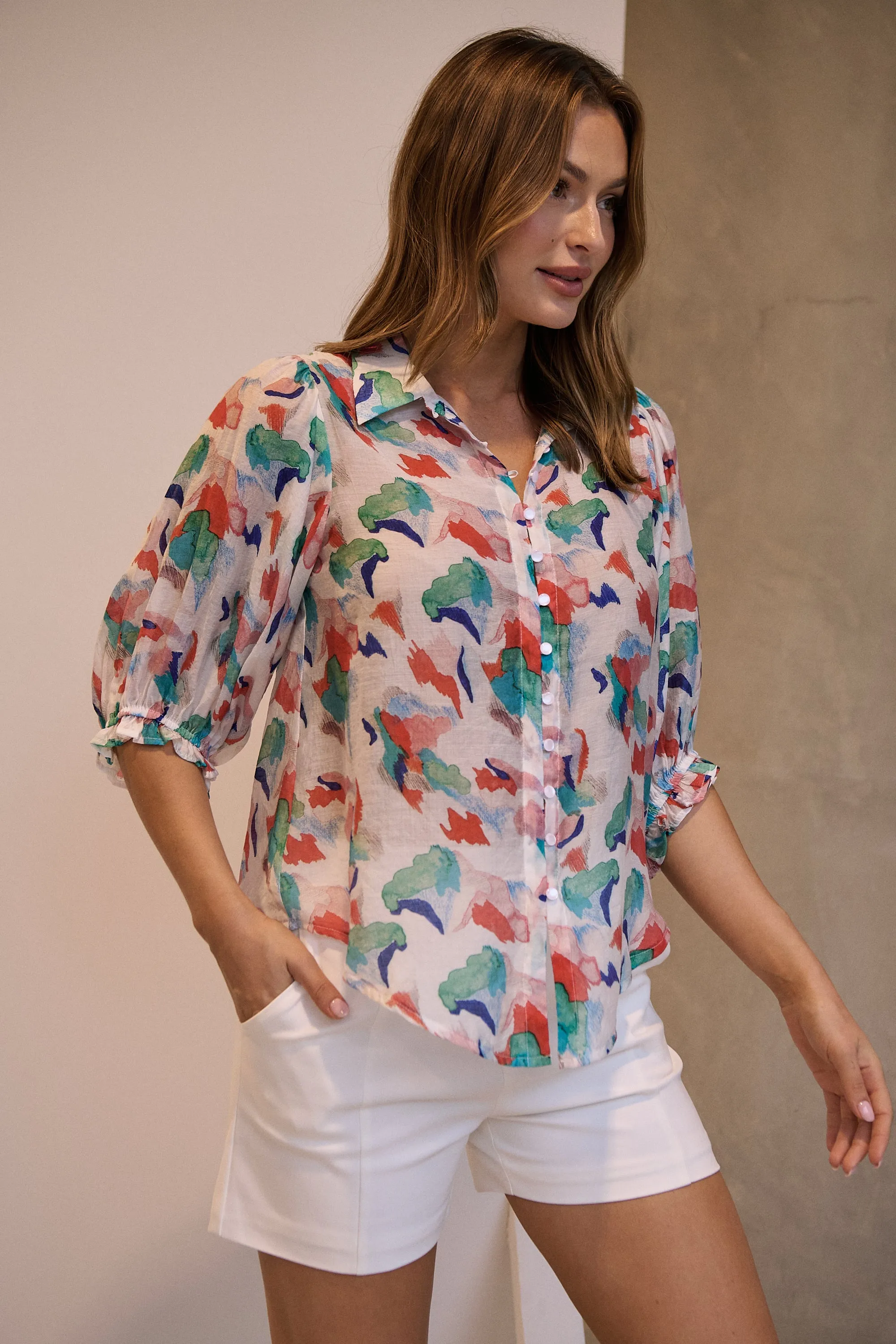 Inaya Chiffon White/Red/Blue Button Up Print Blouse