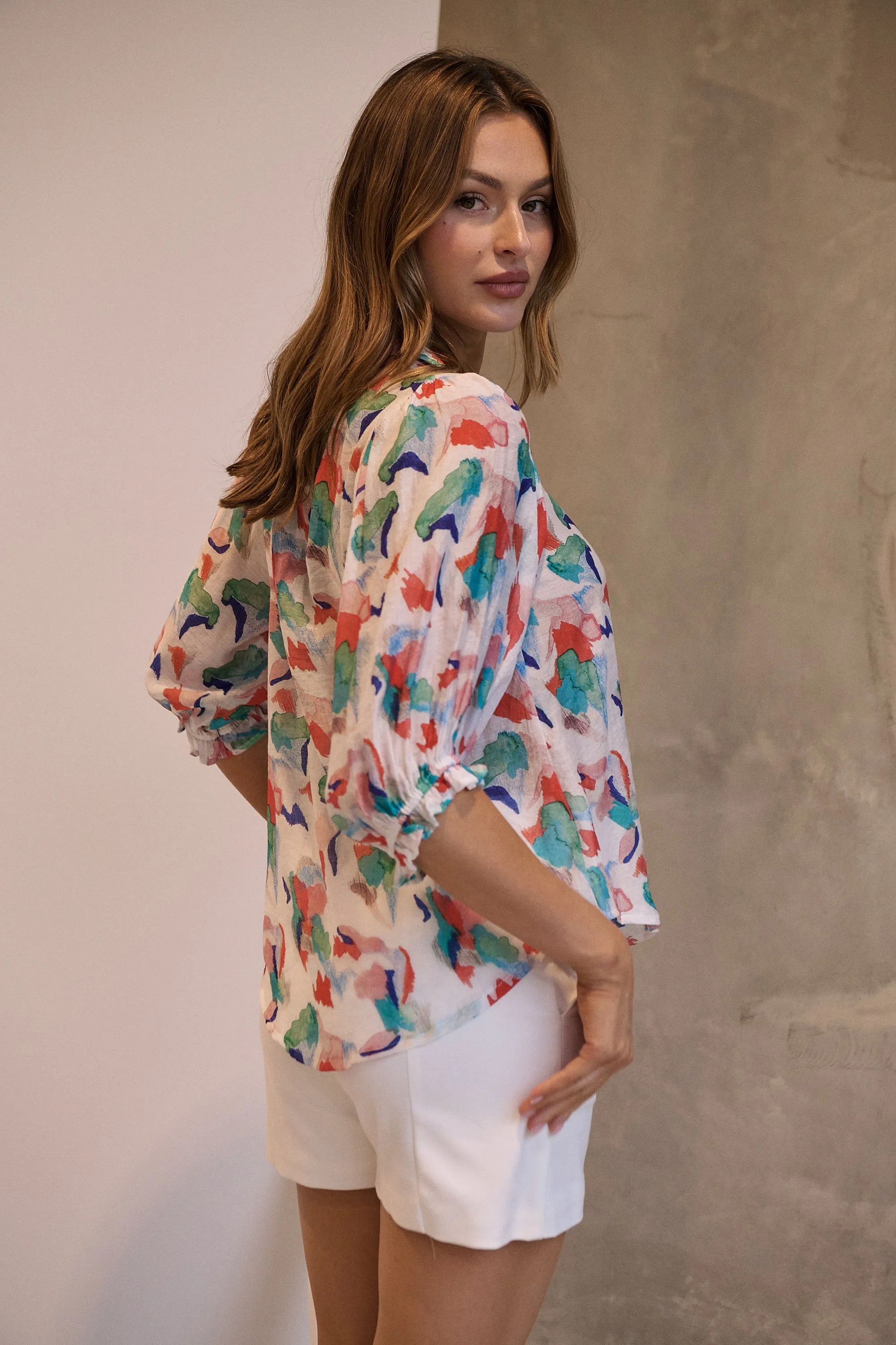 Inaya Chiffon White/Red/Blue Button Up Print Blouse