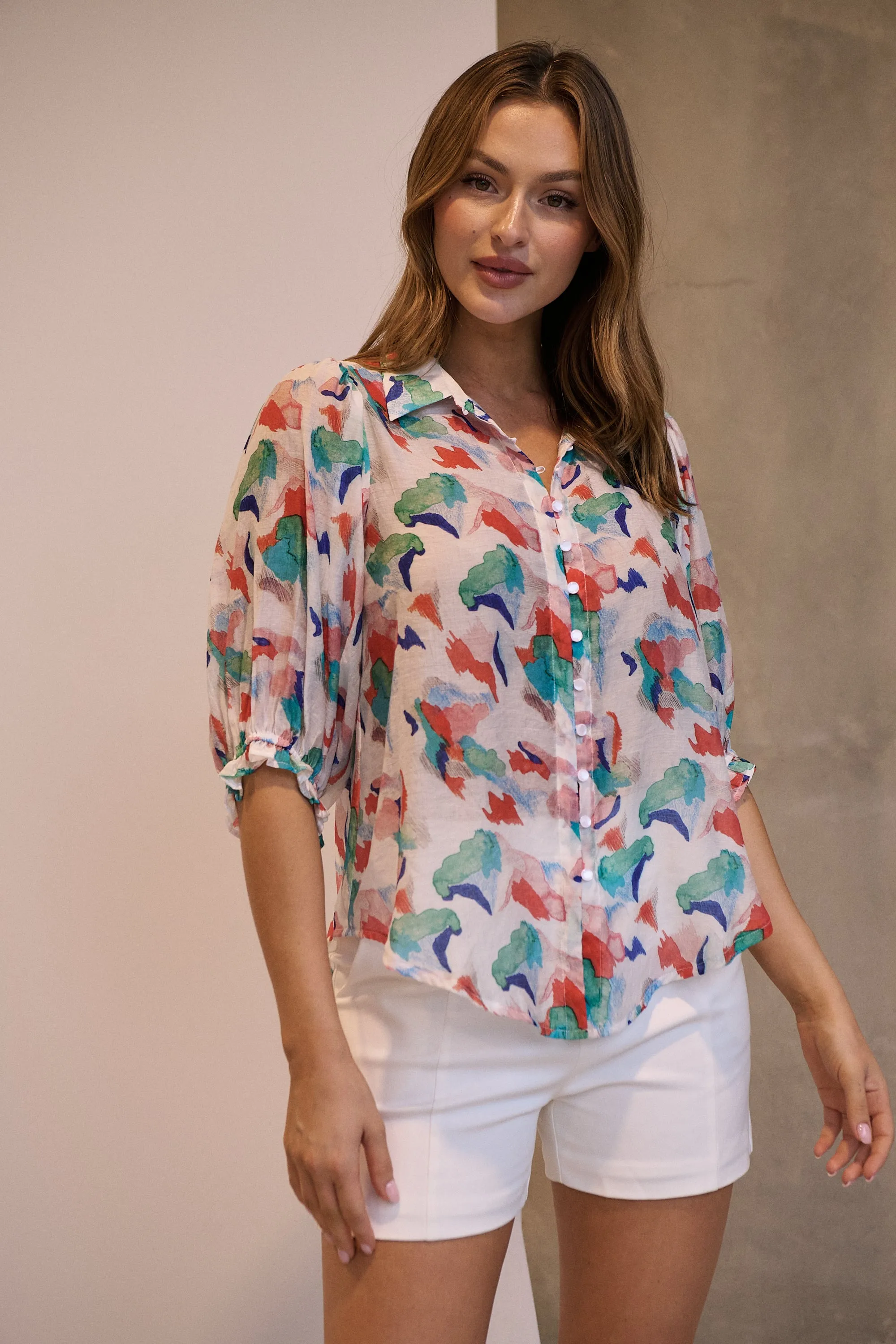 Inaya Chiffon White/Red/Blue Button Up Print Blouse