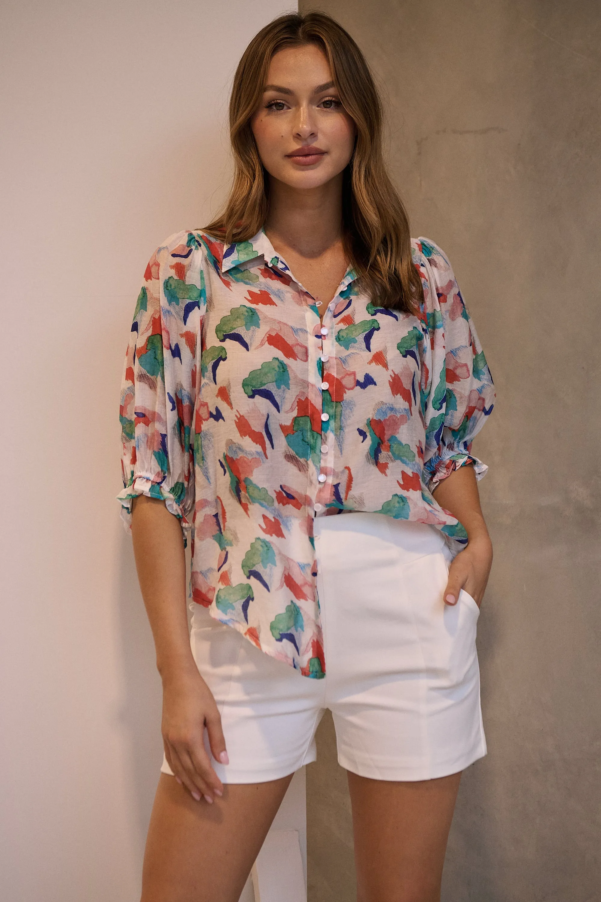 Inaya Chiffon White/Red/Blue Button Up Print Blouse