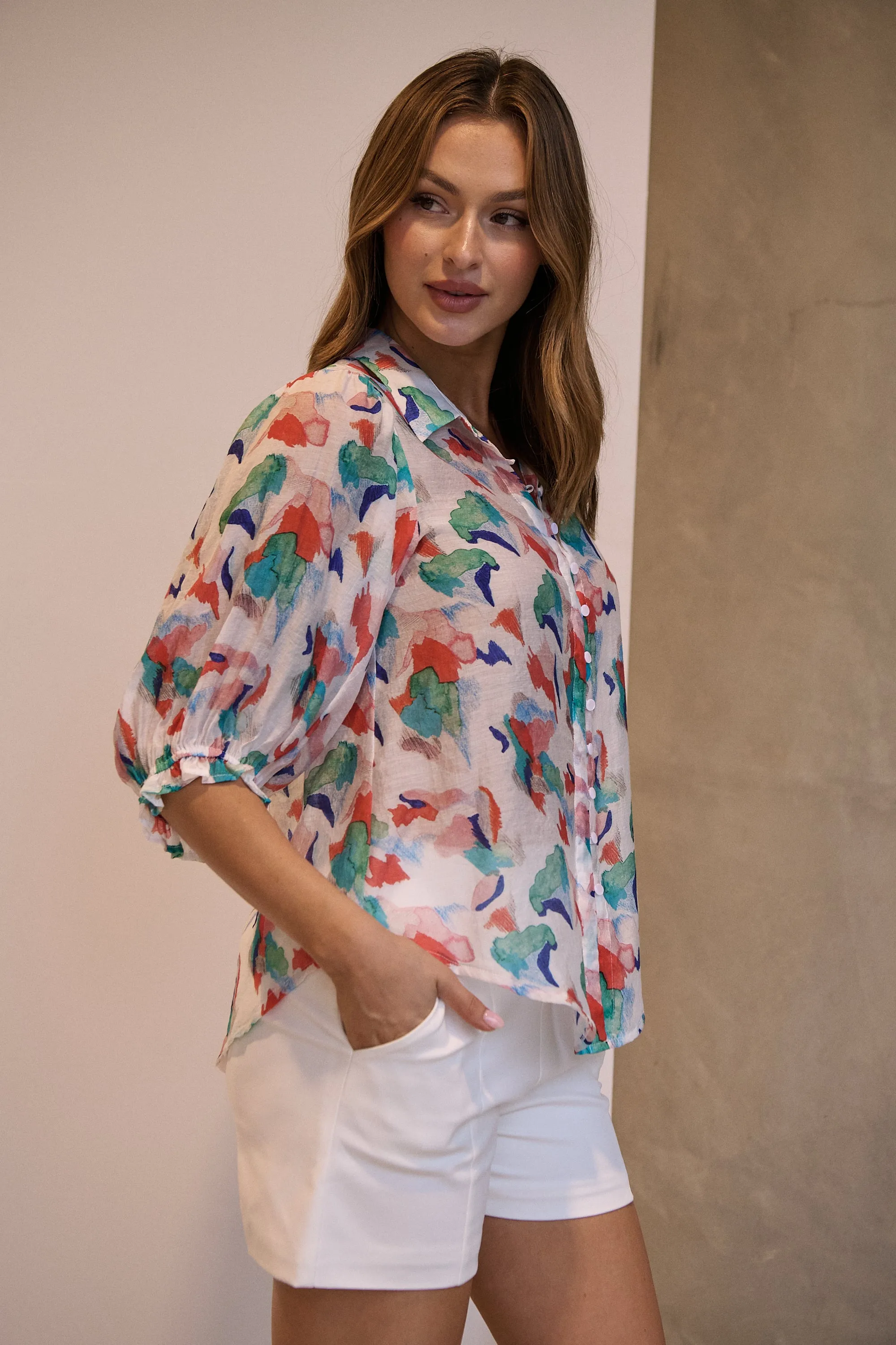 Inaya Chiffon White/Red/Blue Button Up Print Blouse