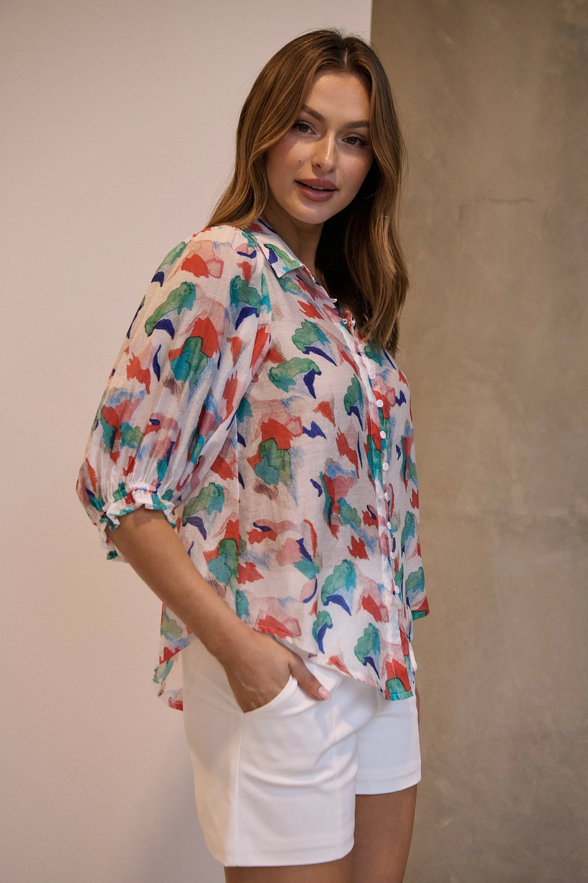 Inaya Chiffon White/Red/Blue Button Up Print Blouse