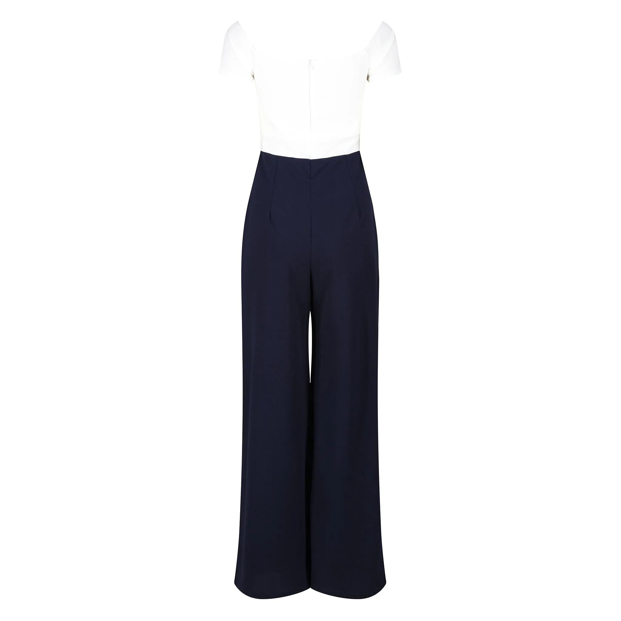 Ivory Bardot Top and Navy Cropped Trouser-suit