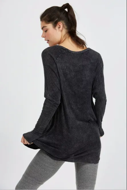 Joah Brown For Keeps V Neck Long Sleeve Top Graphite Rib