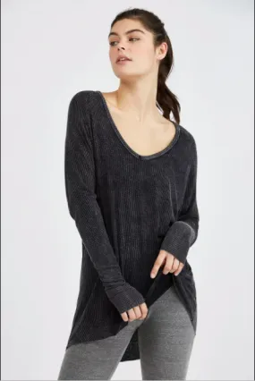 Joah Brown For Keeps V Neck Long Sleeve Top Graphite Rib