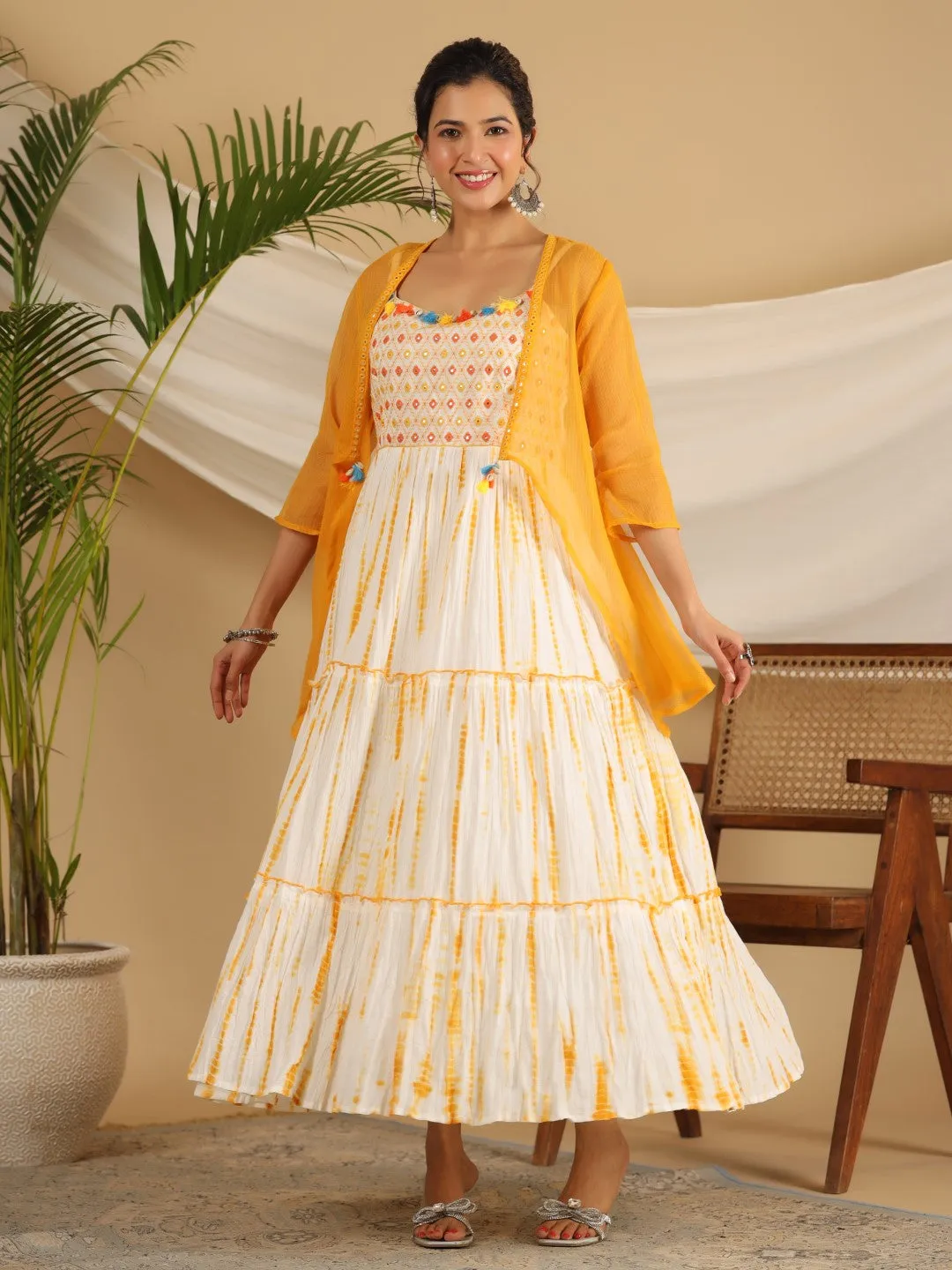 Juniper Mustard Tie-Dye Tiered & Layered Pure Cotton Dress With Mirror Work Embroidery