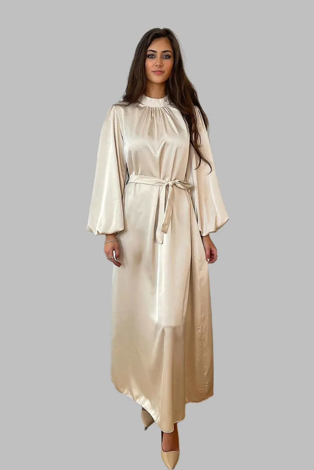 Lantern Sleeves High Neck Satin Modest Dress