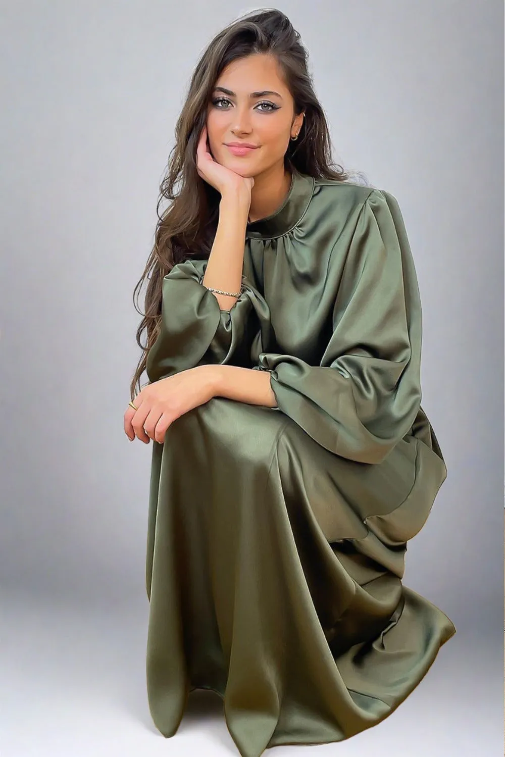 Lantern Sleeves High Neck Satin Modest Dress