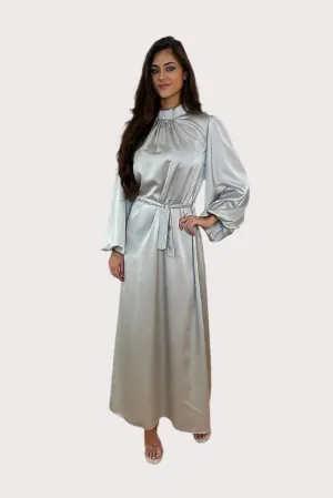 Lantern Sleeves High Neck Satin Modest Dress