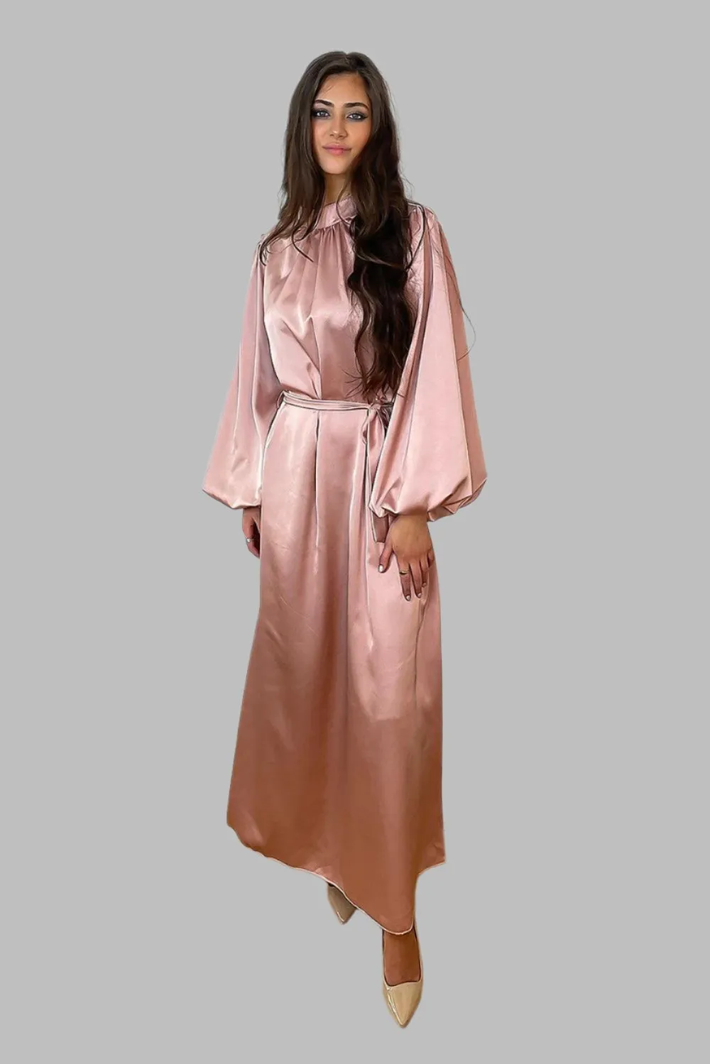 Lantern Sleeves High Neck Satin Modest Dress