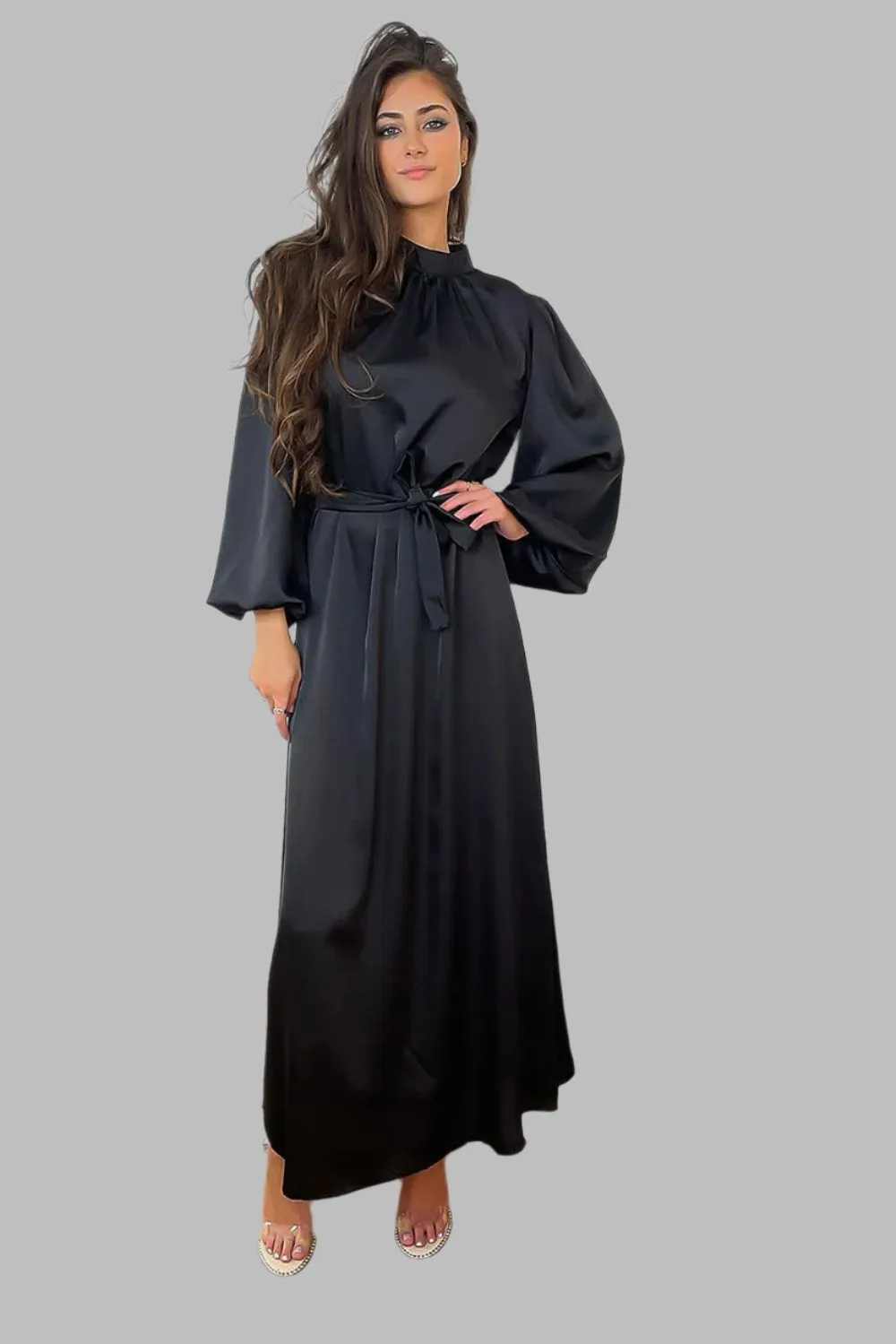 Lantern Sleeves High Neck Satin Modest Dress