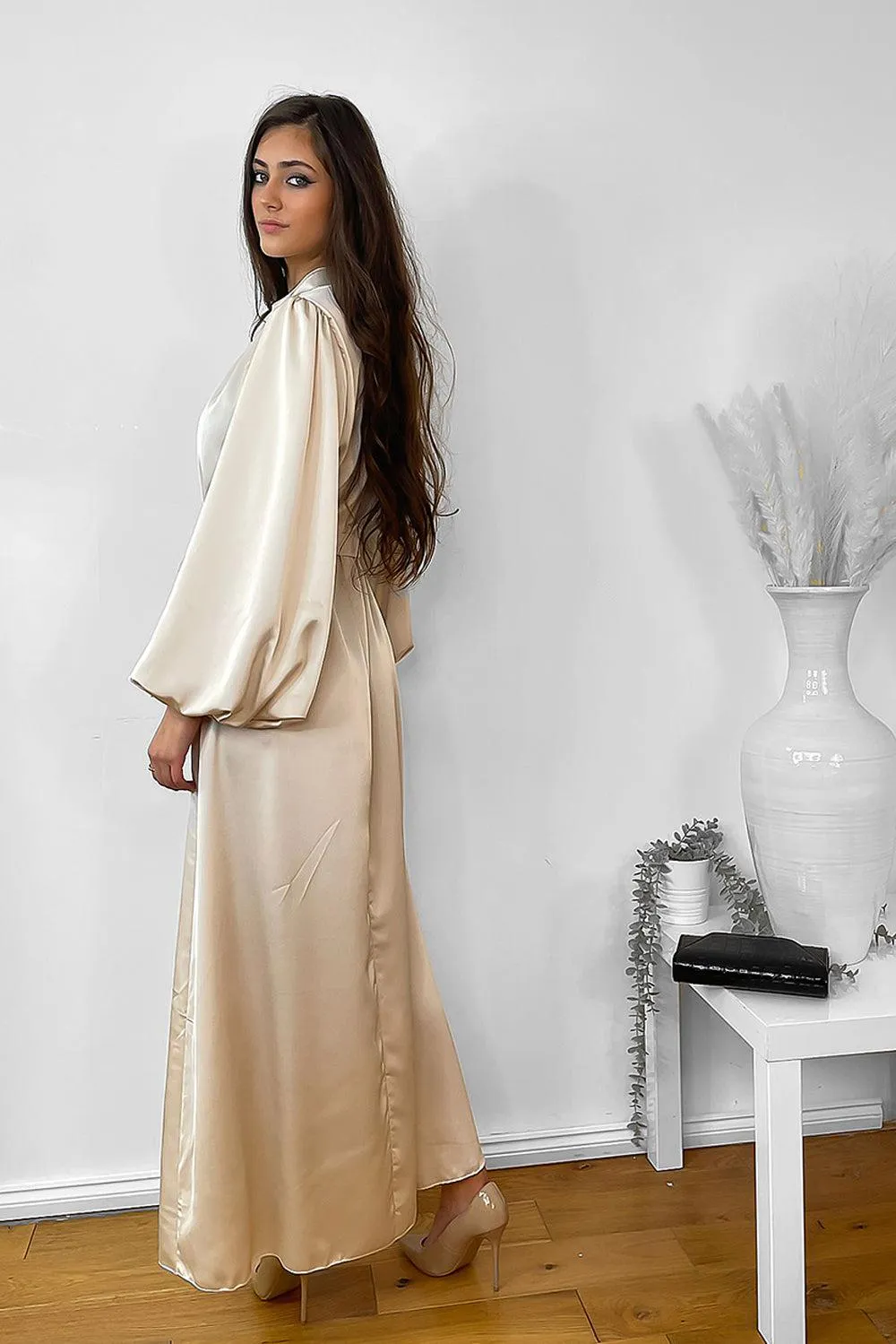 Lantern Sleeves High Neck Satin Modest Dress