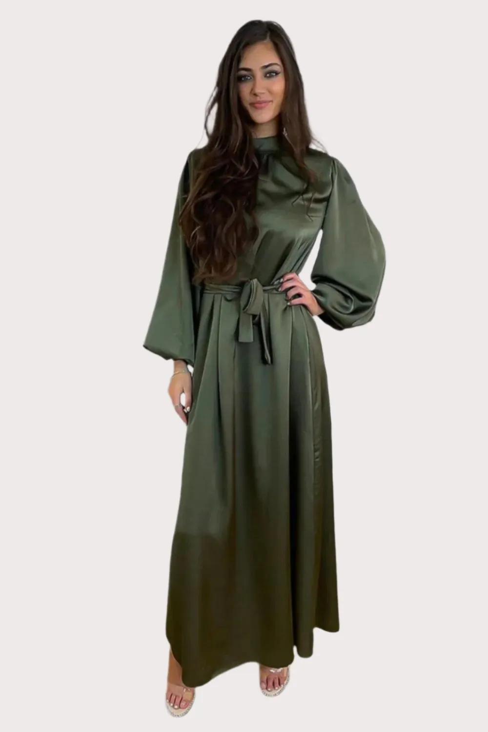 Lantern Sleeves High Neck Satin Modest Dress