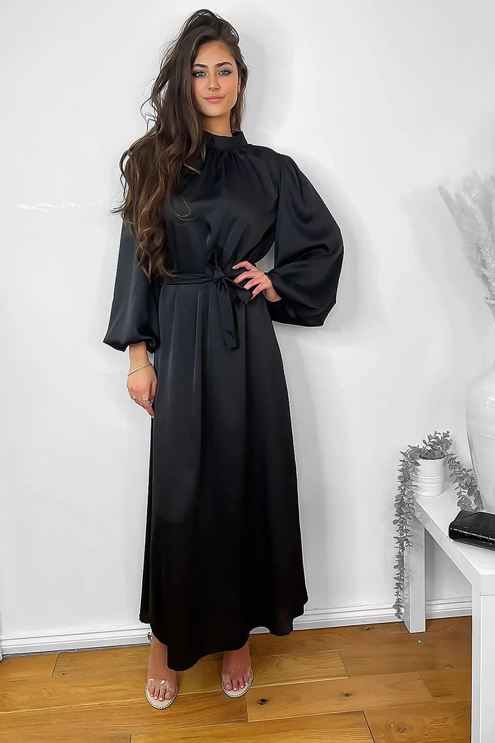 Lantern Sleeves High Neck Satin Modest Dress