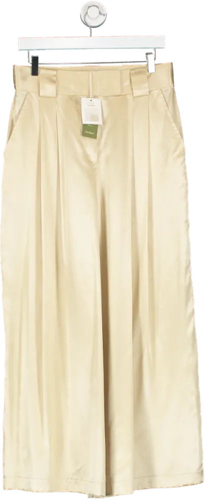 Lily Silk Beige Watershine Silk Wide-leg Trousers UK 14