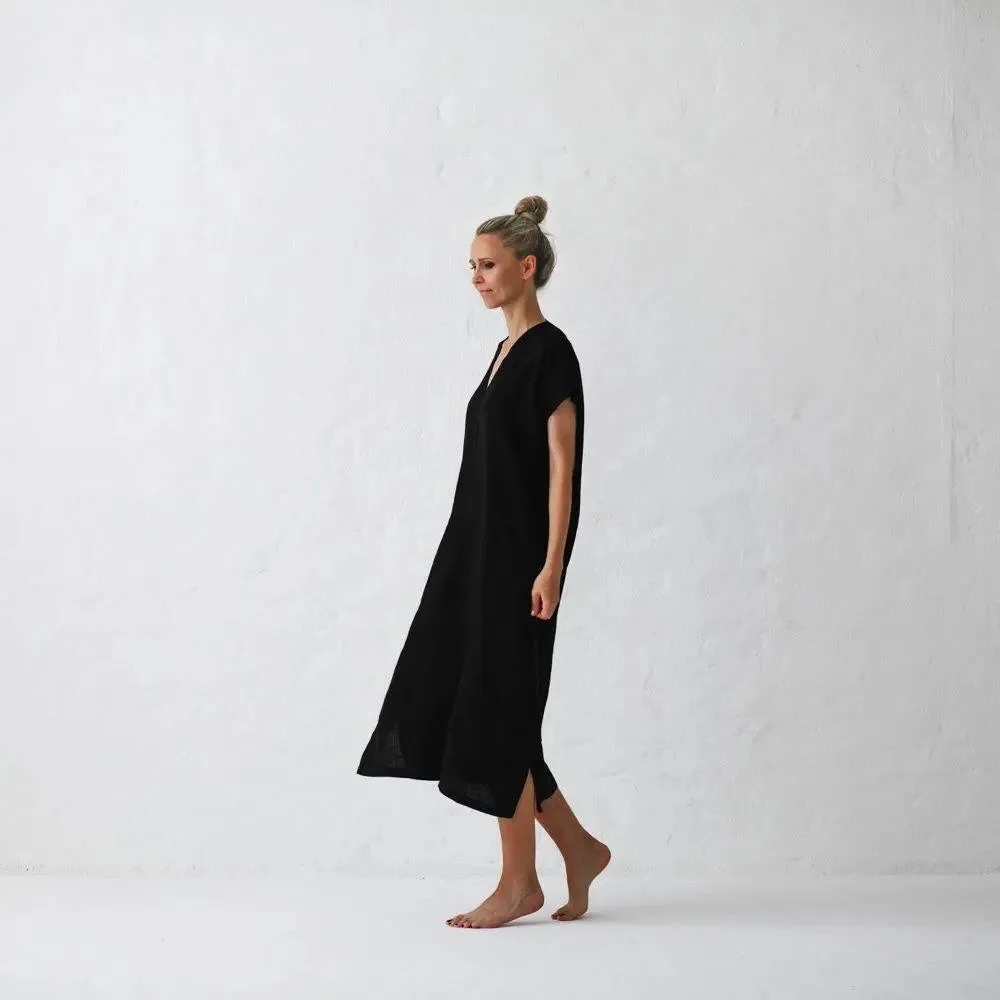 Linen V neck dress black by Seaside Tones